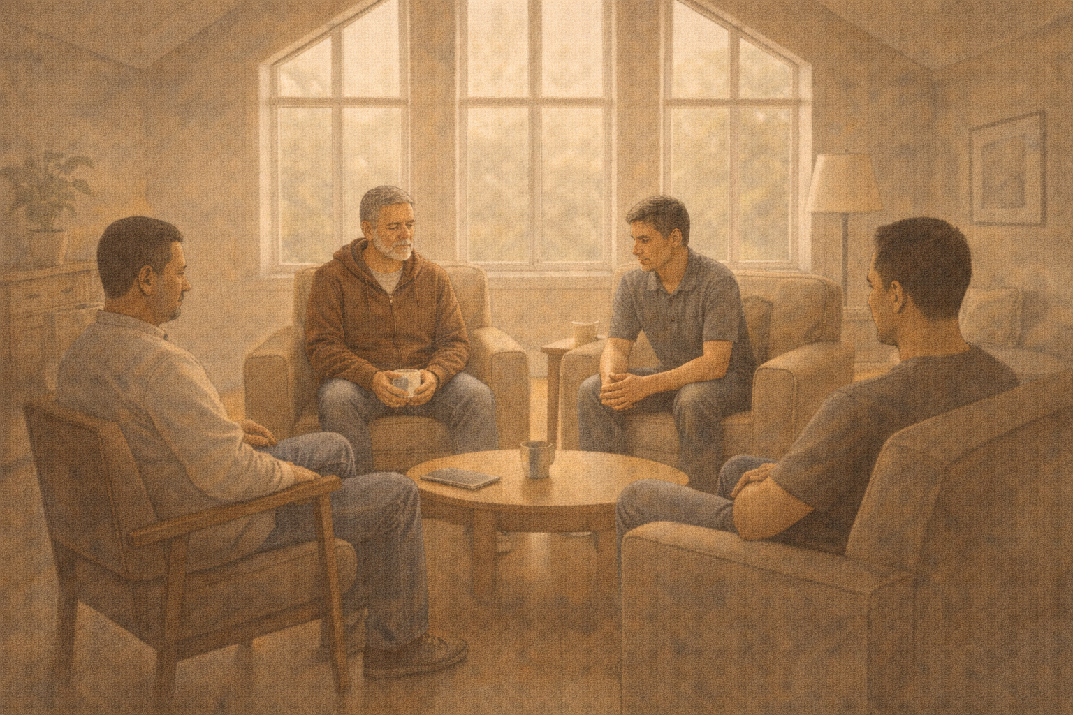 Illustration of a group of men sitting in a semi circle.