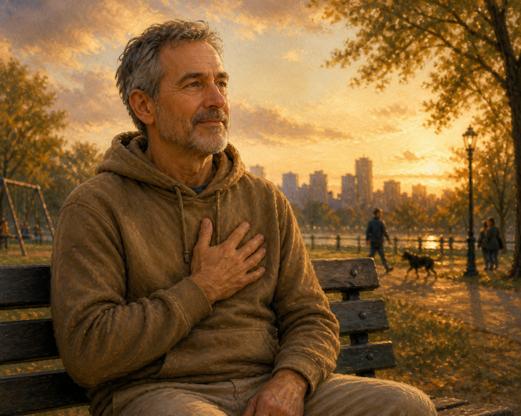 Man sits on a park bench with his hand over his heart expressing gratitude.