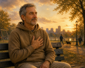 Man sits on a park bench with his hand over his heart expressing gratitude.