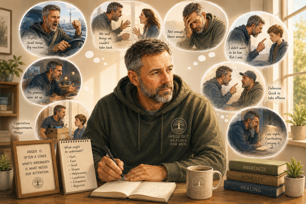 A middle aged man in a hoodie sits and is surrounded by bubbles of angry instances