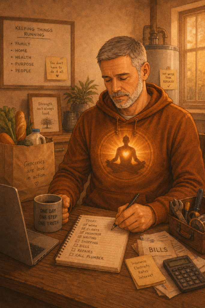 warm illustrated style, muted browns/oranges, middle-aged man in the hoodie, soft grainy texture, and the theme of quiet responsibility rather than dramatic crisis.