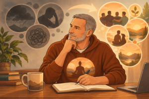 Illustration of a man reflecting on past struggles and the relationships, connection and peace that can grow through healing.